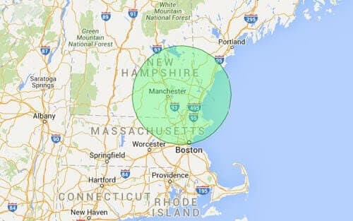 Map showing New Hampshire and Massachusetts landscaping service areas